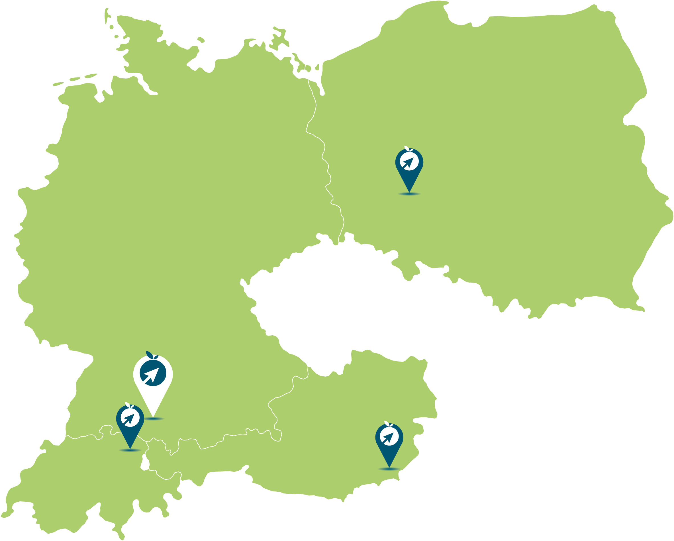 Eine vereinfachte grüne Karte, die Teile Mitteleuropas hervorhebt, mit vier Stecknadeln - Süddeutschland, Westösterreich, Südösterreich und Südpolen - und einem einladenden "Kontakt"-Symbol für einfache Kommunikation.